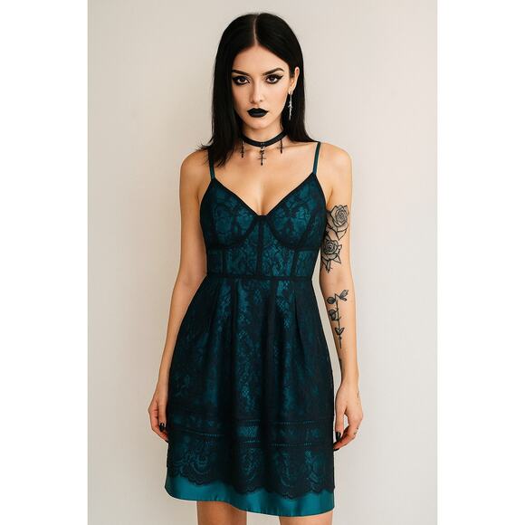 Draper James by Net-A-Porter Lace Mini Dress Teal/Black Women's Size 6 NWT - Picture 1 of 12